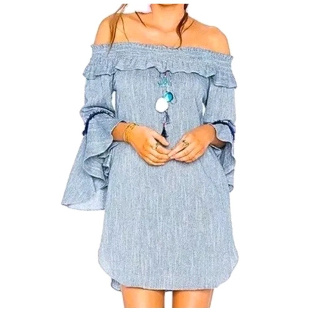 MISA Vanessa Off the Shoulder‎ Bell Sleeve Chambray Mini Dress Blue Size M Boho